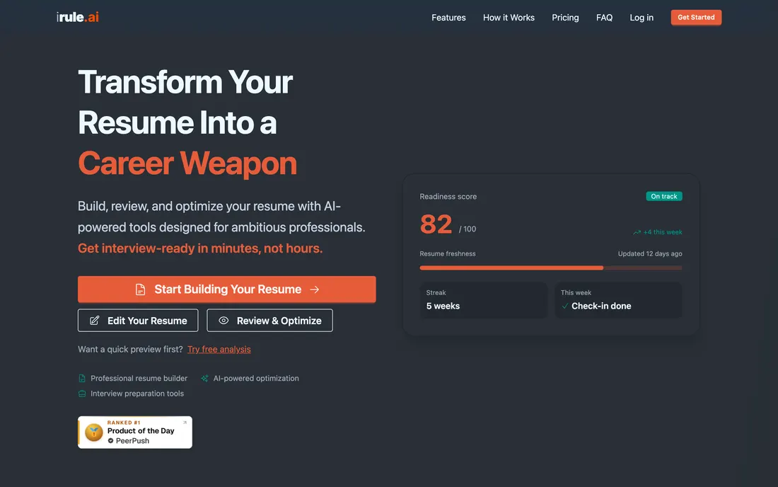 The iRule homepage, showing a resume readiness score of 82
