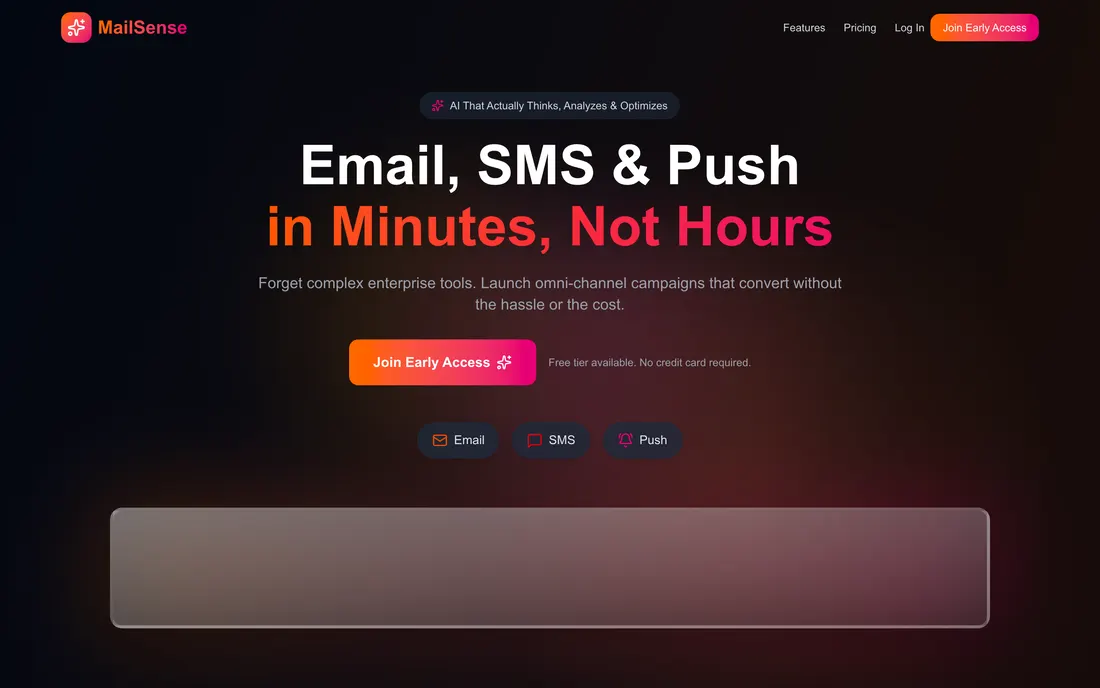 The MailSense homepage, showing email, SMS and push campaign options