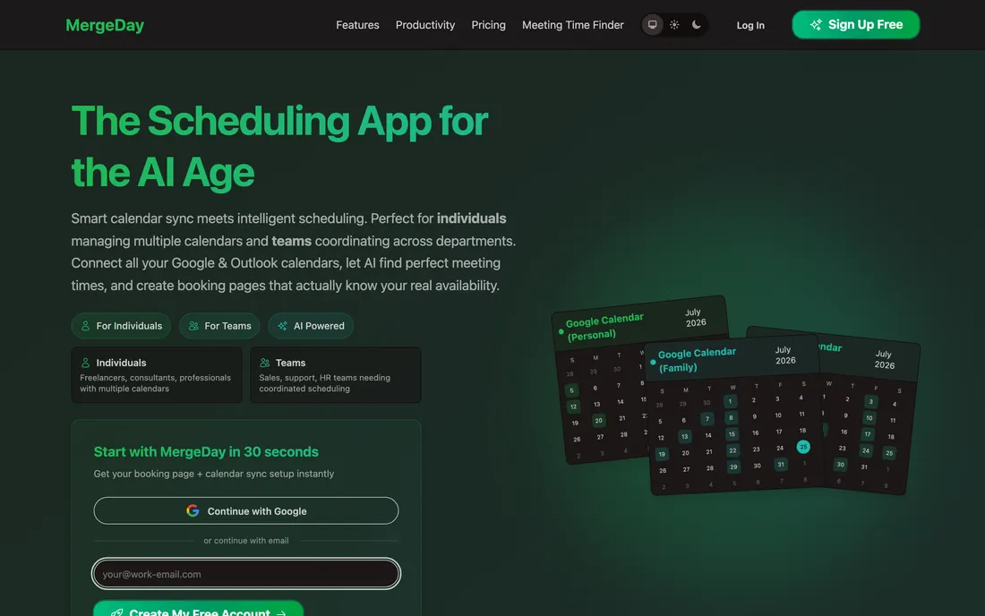 The MergeDay homepage, showing several calendars merged together
