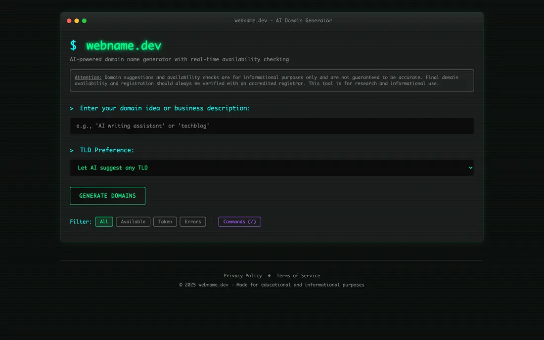 The WebName homepage, a terminal-style domain name generator