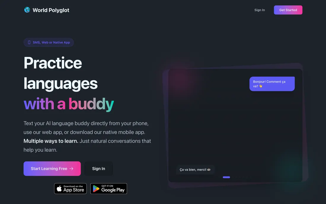 The World Polyglot homepage, showing a chat with an AI language buddy